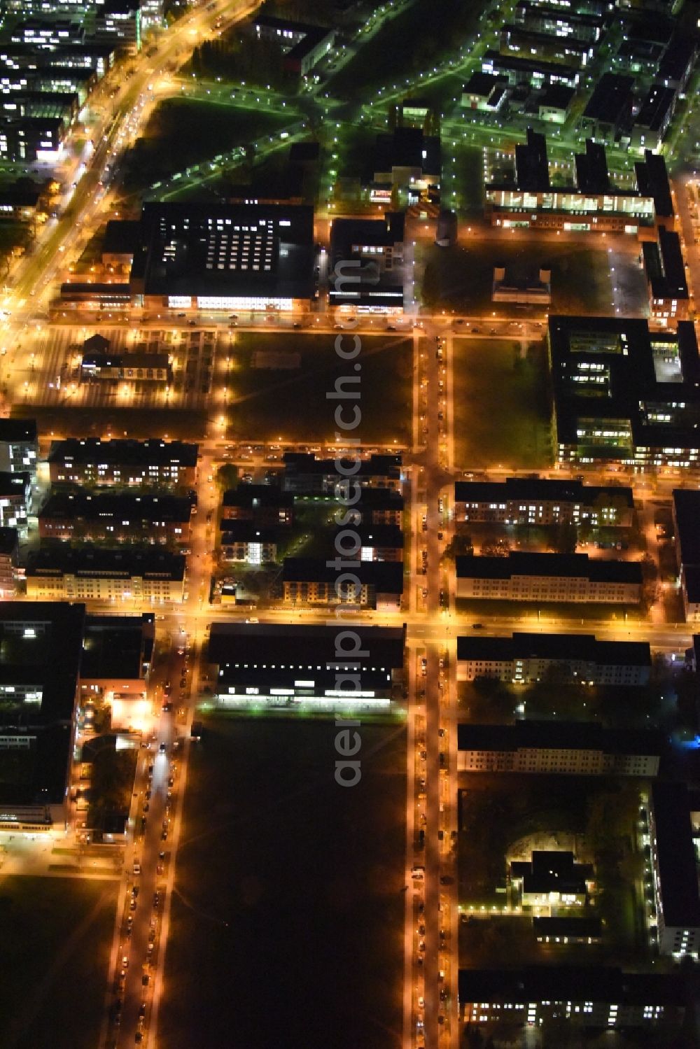 Berlin at night from above - Night lighting industrial estate and company settlement Technologiepark Adlershof in the district Adlershof - Johannisthal in Berlin, Germany