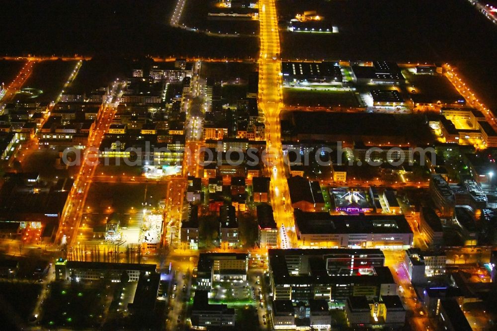 Aerial image at night Berlin - Night lighting industrial estate and company settlement Technologiepark Adlershof in the district Adlershof - Johannisthal in Berlin, Germany