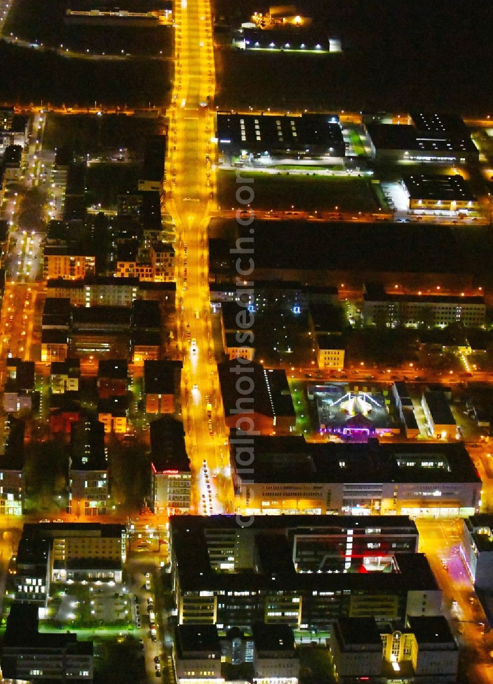 Berlin at night from above - Night lighting industrial estate and company settlement Technologiepark Adlershof in the district Adlershof - Johannisthal in Berlin, Germany