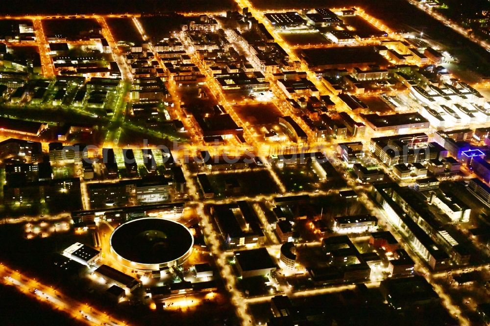 Aerial image at night Berlin - Night lighting industrial estate and company settlement Technologiepark Adlershof in the district Adlershof - Johannisthal in Berlin, Germany