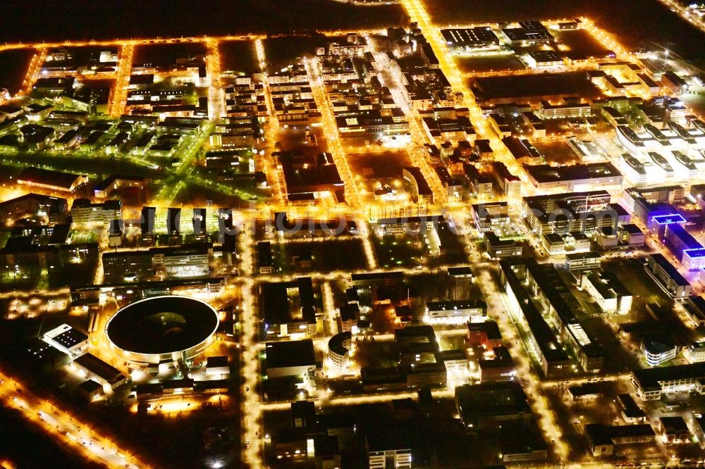 Berlin at night from above - Night lighting industrial estate and company settlement Technologiepark Adlershof in the district Adlershof - Johannisthal in Berlin, Germany