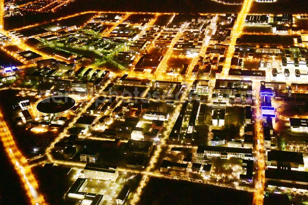 Aerial image at night Berlin - Night lighting industrial estate and company settlement Technologiepark Adlershof in the district Adlershof - Johannisthal in Berlin, Germany