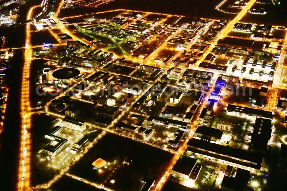 Berlin at night from above - Night lighting industrial estate and company settlement Technologiepark Adlershof in the district Adlershof - Johannisthal in Berlin, Germany