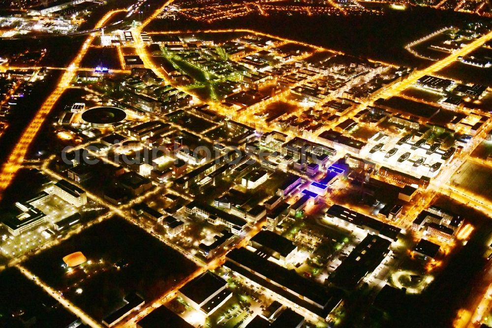 Aerial image at night Berlin - Night lighting industrial estate and company settlement Technologiepark Adlershof in the district Adlershof - Johannisthal in Berlin, Germany