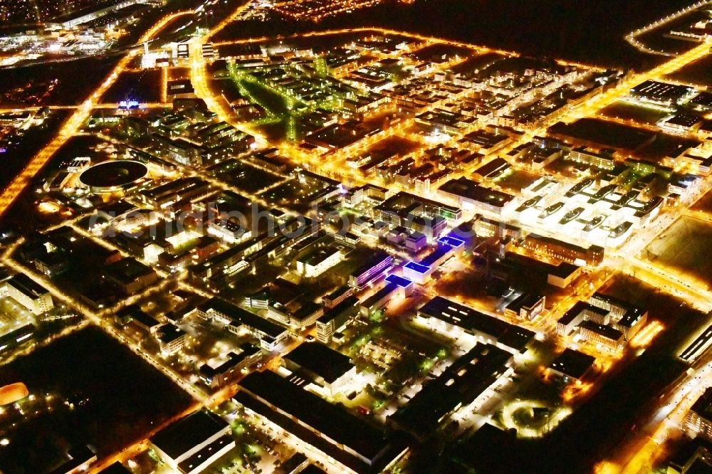 Berlin at night from above - Night lighting industrial estate and company settlement Technologiepark Adlershof in the district Adlershof - Johannisthal in Berlin, Germany