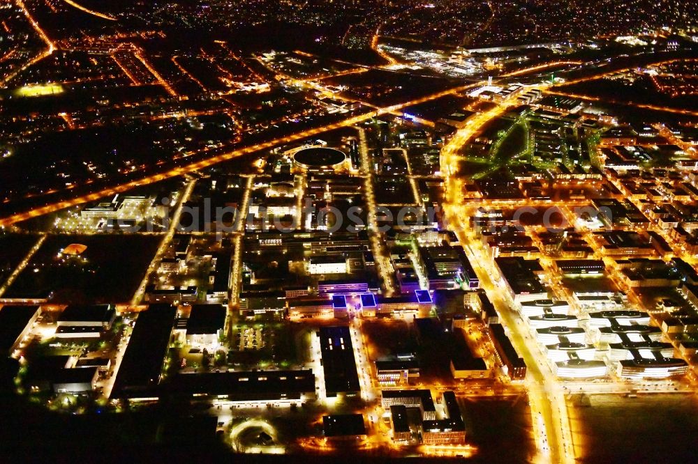 Aerial photograph at night Berlin - Night lighting industrial estate and company settlement Technologiepark Adlershof in the district Adlershof - Johannisthal in Berlin, Germany