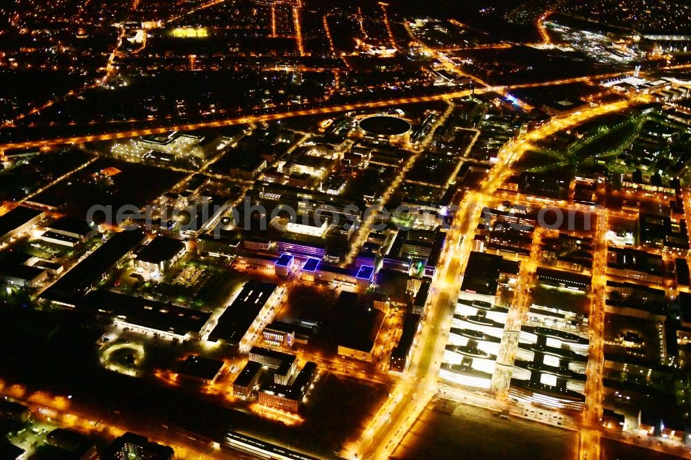 Aerial image at night Berlin - Night lighting industrial estate and company settlement Technologiepark Adlershof in the district Adlershof - Johannisthal in Berlin, Germany