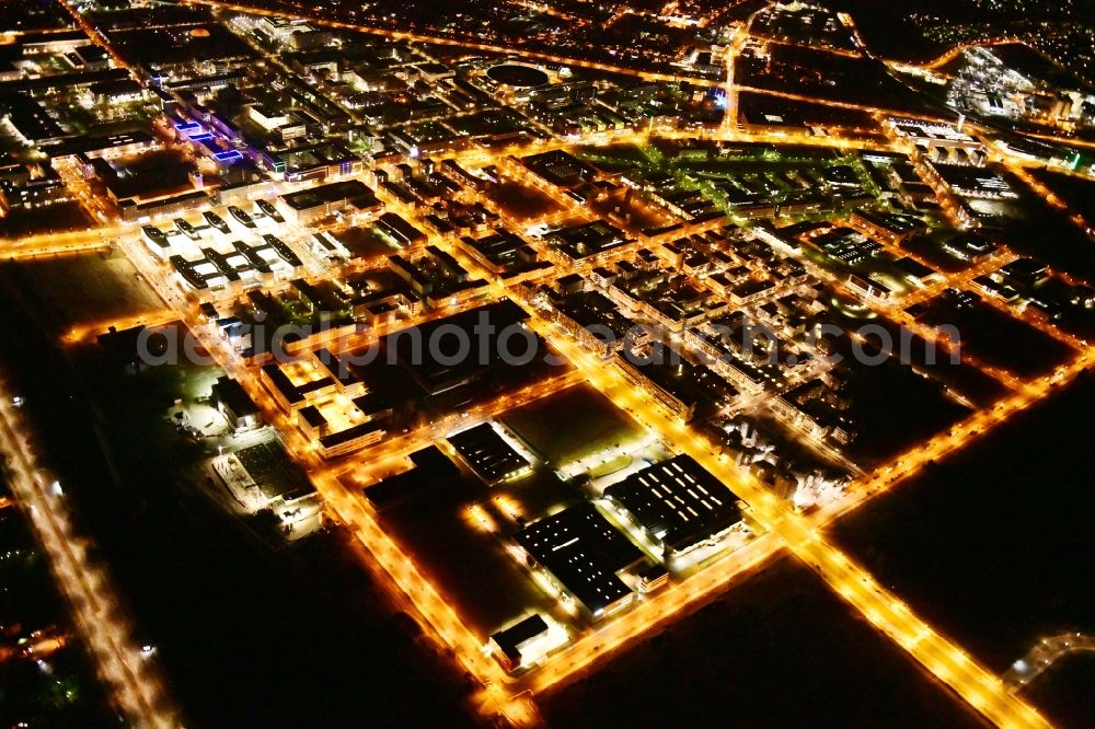 Berlin at night from above - Night lighting industrial estate and company settlement Technologiepark Adlershof in the district Adlershof - Johannisthal in Berlin, Germany