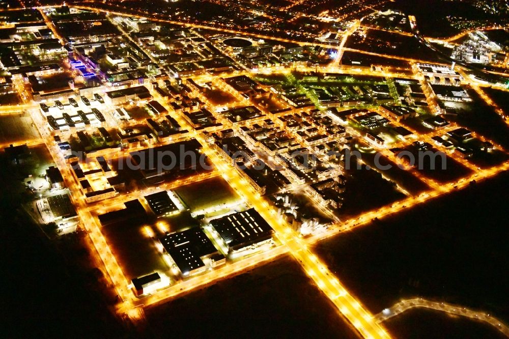 Aerial photograph at night Berlin - Night lighting industrial estate and company settlement Technologiepark Adlershof in the district Adlershof - Johannisthal in Berlin, Germany