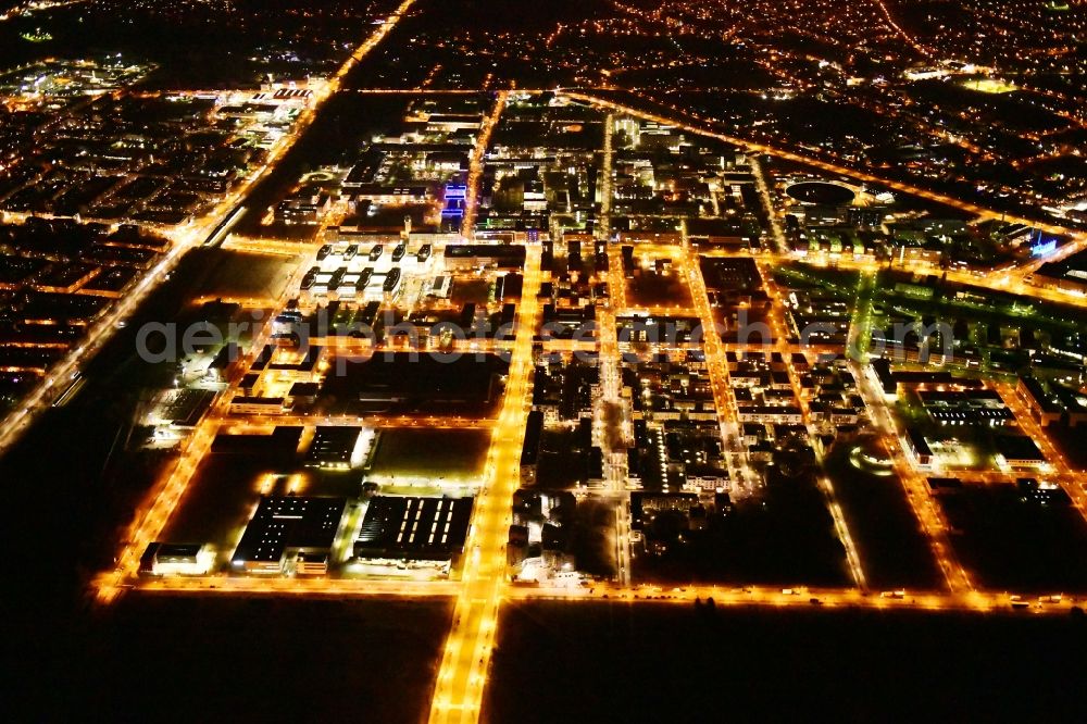 Aerial image at night Berlin - Night lighting industrial estate and company settlement Technologiepark Adlershof in the district Adlershof - Johannisthal in Berlin, Germany