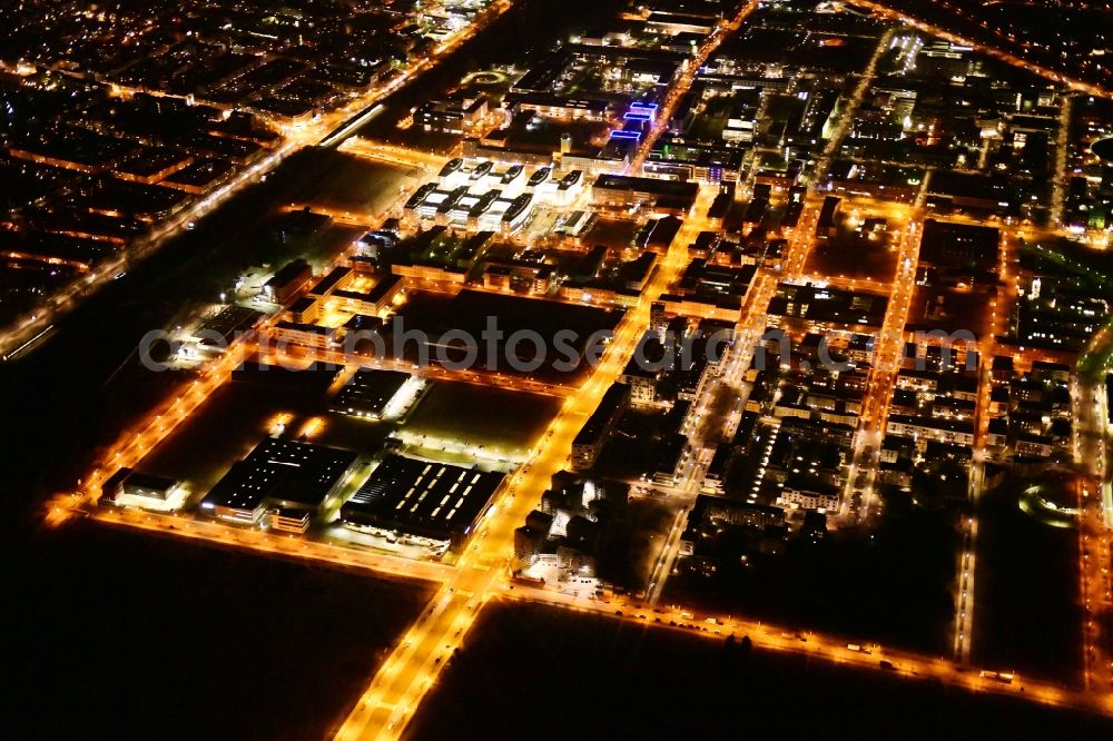 Berlin at night from above - Night lighting industrial estate and company settlement Technologiepark Adlershof in the district Adlershof - Johannisthal in Berlin, Germany