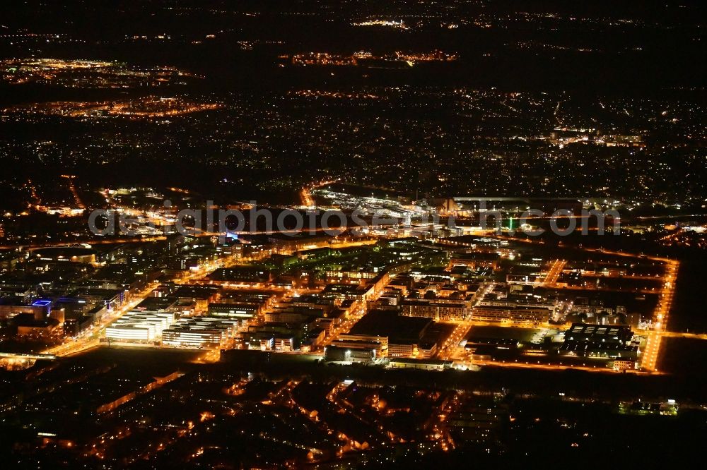 Berlin at night from above - Night lighting industrial estate and company settlement Technologiepark Adlershof in the district Adlershof - Johannisthal in Berlin, Germany