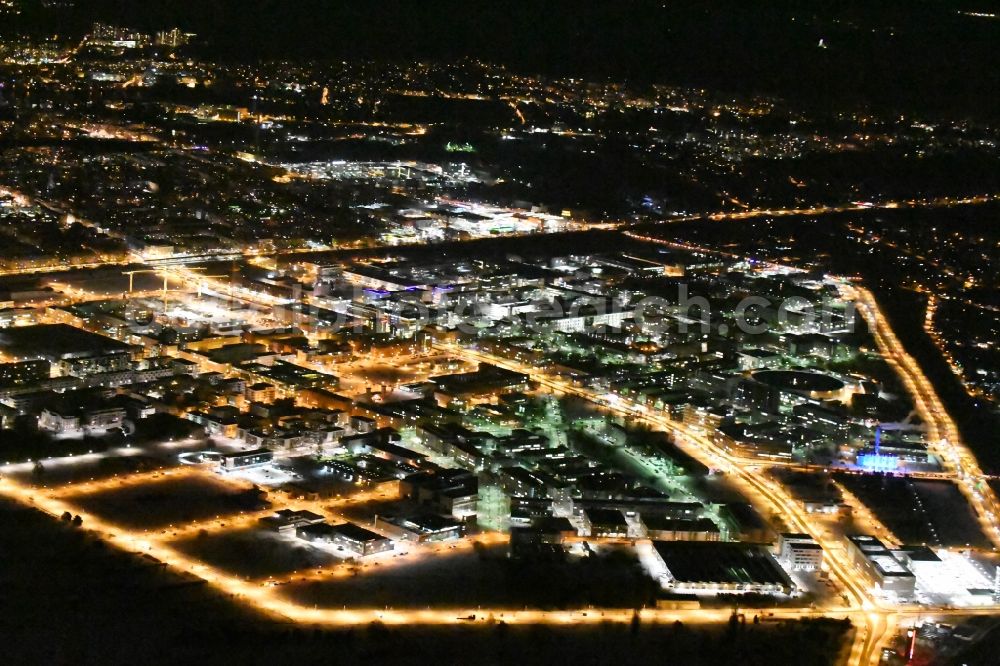 Aerial image at night Berlin - Night view Industrial estate and company settlement WISTA aloung the Rudower Chaussee in the district Adlershof in Berlin