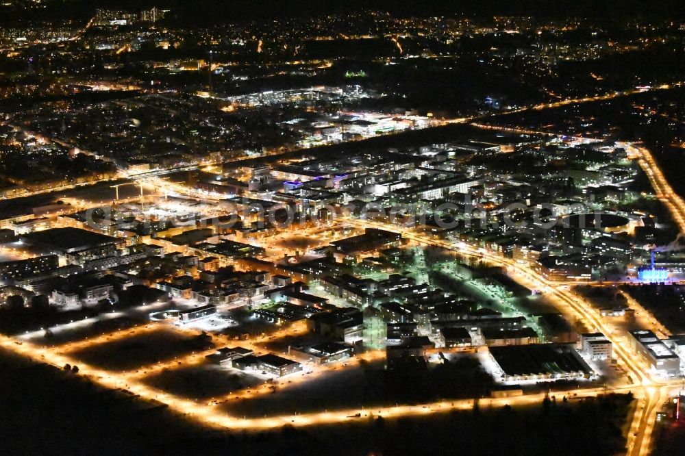 Berlin at night from above - Night view Industrial estate and company settlement WISTA aloung the Rudower Chaussee in the district Adlershof in Berlin