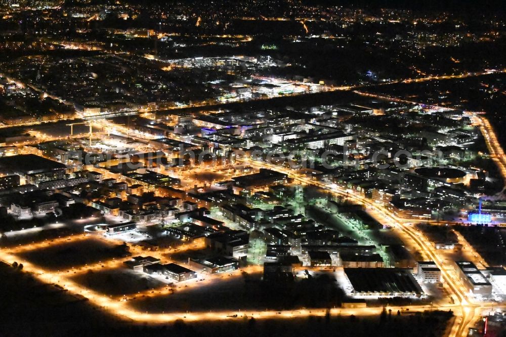 Berlin at night from the bird perspective: Night view Industrial estate and company settlement WISTA aloung the Rudower Chaussee in the district Adlershof in Berlin