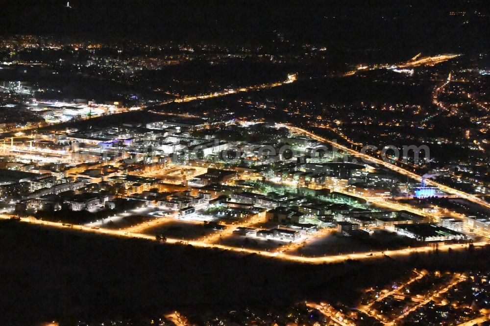 Berlin at night from the bird perspective: Night view Industrial estate and company settlement WISTA aloung the Rudower Chaussee in the district Adlershof in Berlin