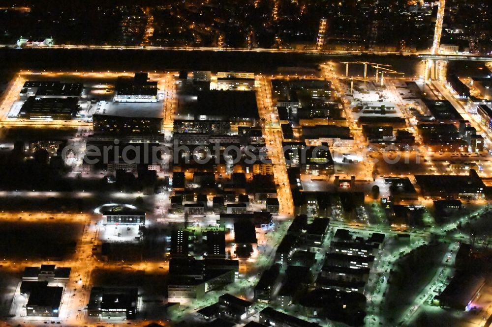 Aerial image at night Berlin - Night view Industrial estate and company settlement WISTA aloung the Rudower Chaussee in the district Adlershof in Berlin