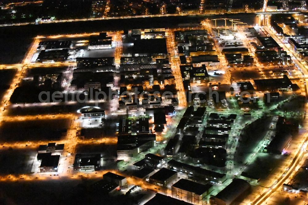 Berlin at night from above - Night view Industrial estate and company settlement WISTA aloung the Rudower Chaussee in the district Adlershof in Berlin