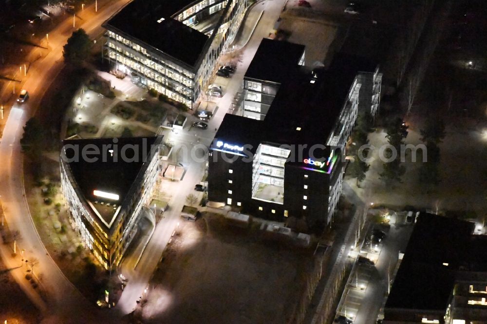 Aerial image at night Kleinmachnow - Night view commercial site Europarc Dreilinden Kleinmachnow OT Dreilinden in Brandenburg. The Business Campus EUROPARC DREILINDEN serves more companies the company headquarters