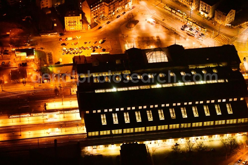 Dresden at night from above - Night lighting station railway building of the Deutsche Bahn in Dresden in the state Saxony, Germany