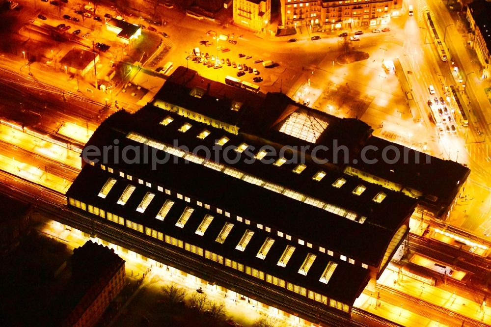 Aerial photograph at night Dresden - Night lighting station railway building of the Deutsche Bahn in Dresden in the state Saxony, Germany