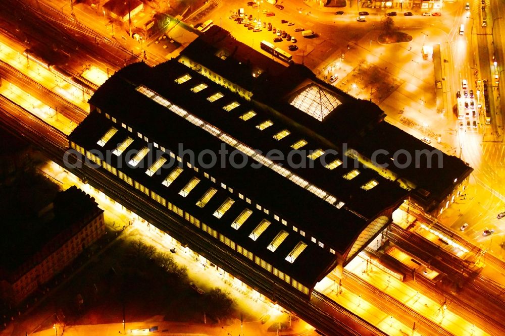 Aerial image at night Dresden - Night lighting station railway building of the Deutsche Bahn in Dresden in the state Saxony, Germany