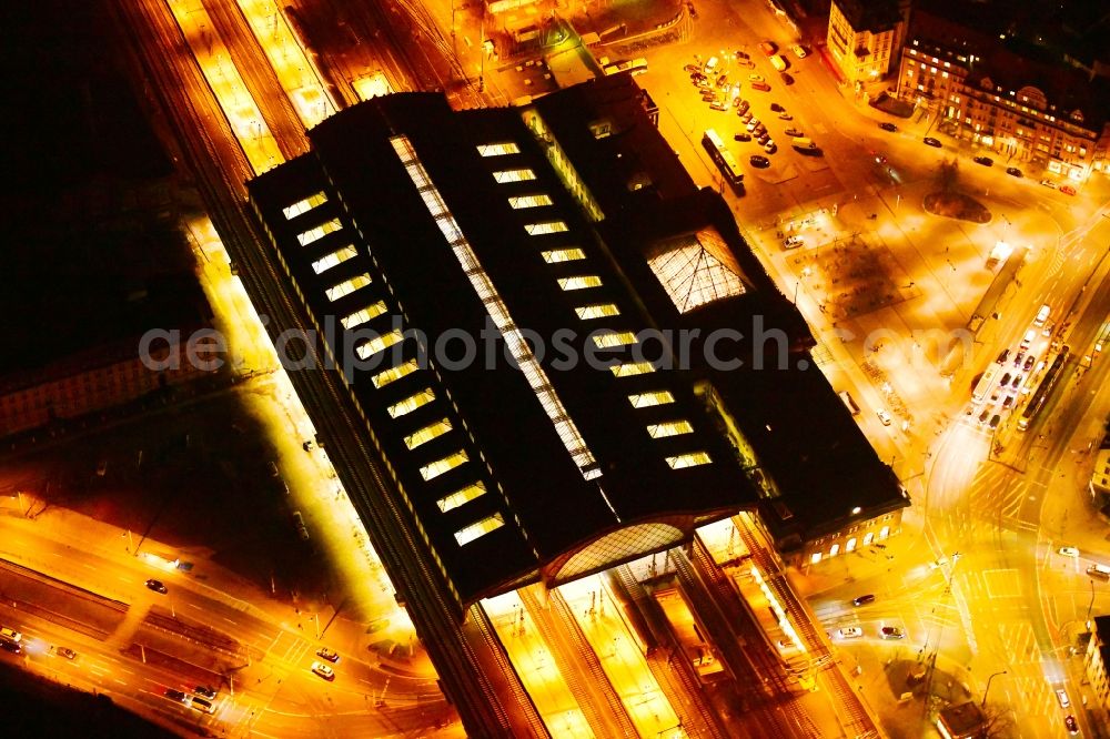 Dresden at night from above - Night lighting station railway building of the Deutsche Bahn in Dresden in the state Saxony, Germany