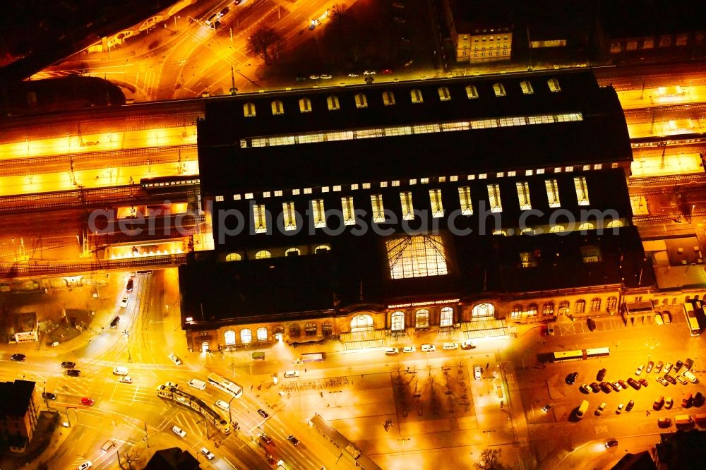 Aerial photograph at night Dresden - Night lighting station railway building of the Deutsche Bahn in Dresden in the state Saxony, Germany