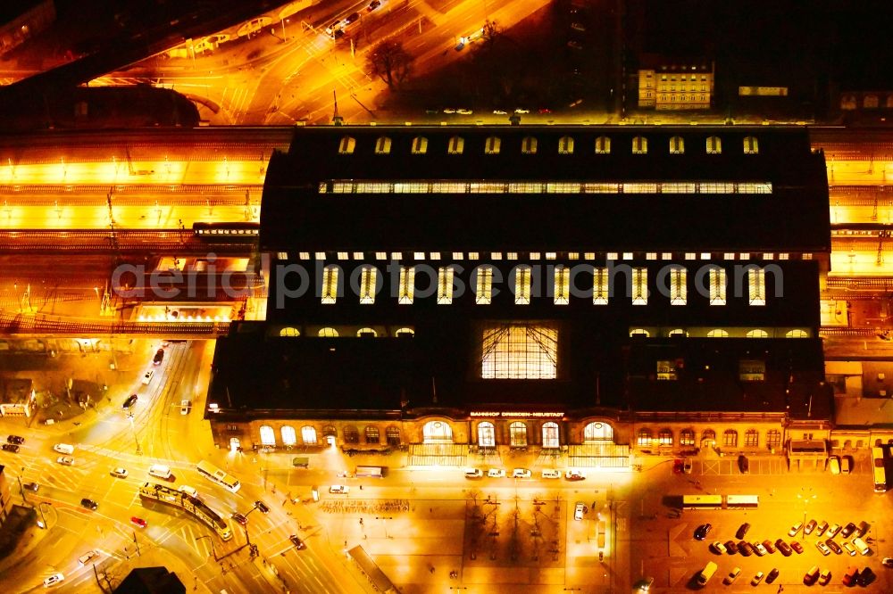 Aerial image at night Dresden - Night lighting station railway building of the Deutsche Bahn in Dresden in the state Saxony, Germany