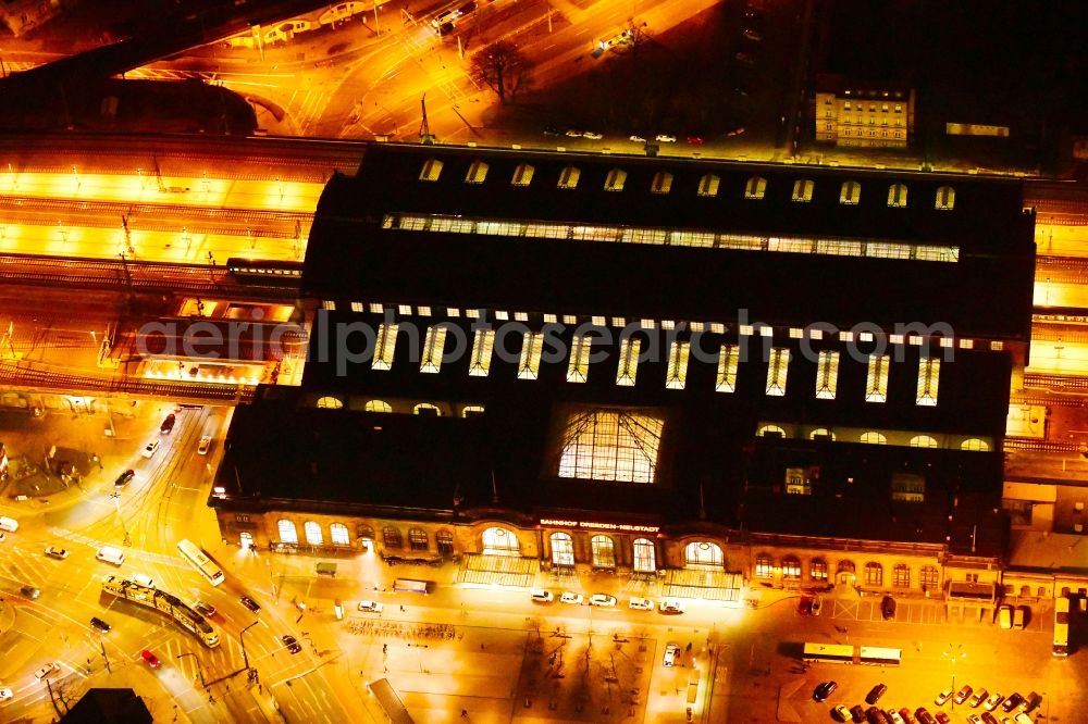 Dresden at night from above - Night lighting station railway building of the Deutsche Bahn in Dresden in the state Saxony, Germany