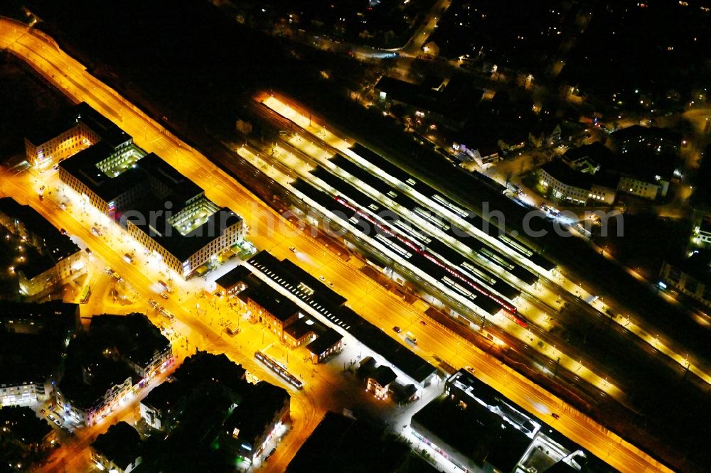 Aerial photograph at night München - Night lighting station railway building of the Deutsche Bahn on Bahnhof Muenchen-Pasing in Munich in the state Bavaria, Germany