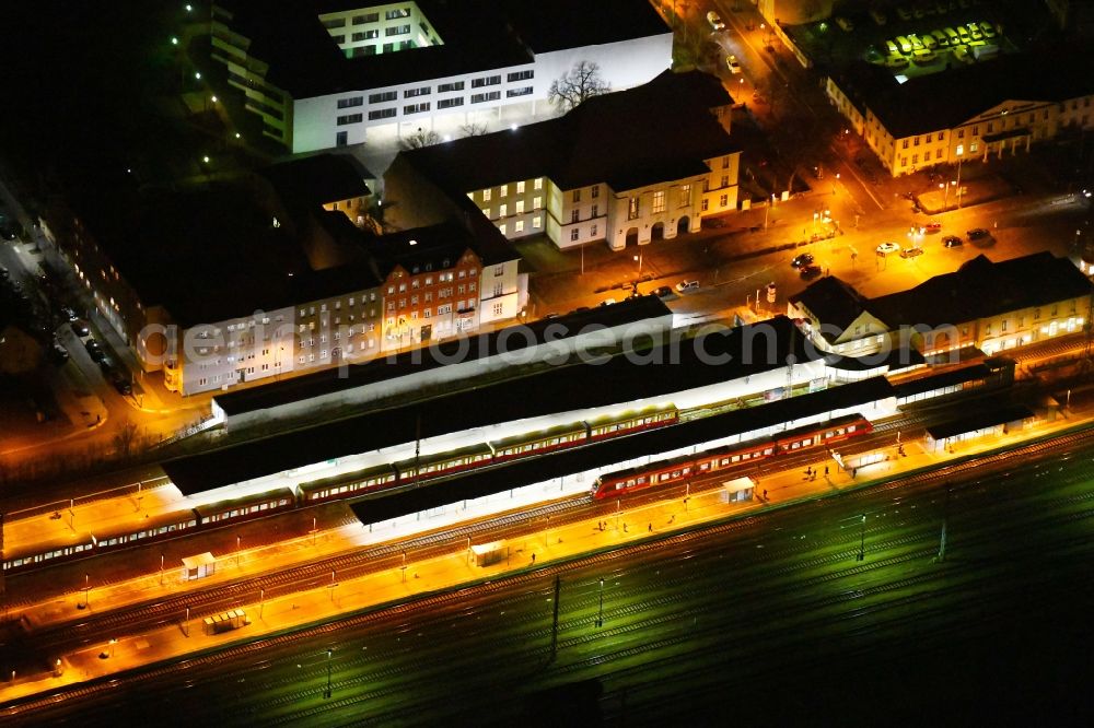 Oranienburg at night from above - Night lighting Station railway building of the Deutsche Bahn in Oranienburg in the state Brandenburg, Germany