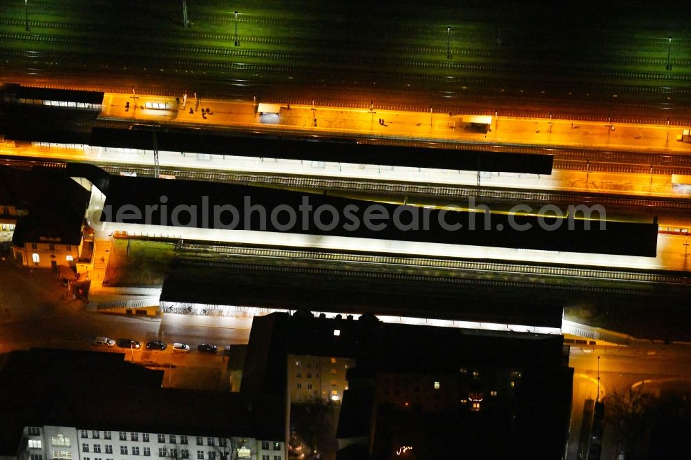 Oranienburg at night from above - Night lighting Station railway building of the Deutsche Bahn in Oranienburg in the state Brandenburg, Germany