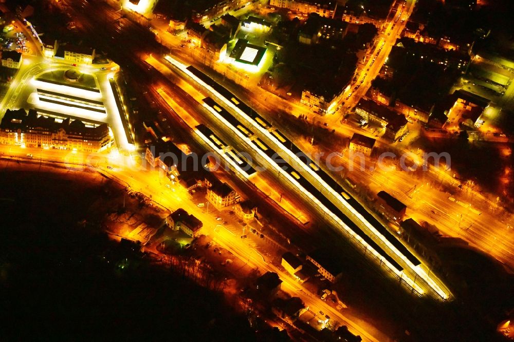 Eisenach at night from above - Night lighting station railway building of the Deutsche Bahn in Eisenach in the state Thuringia, Germany