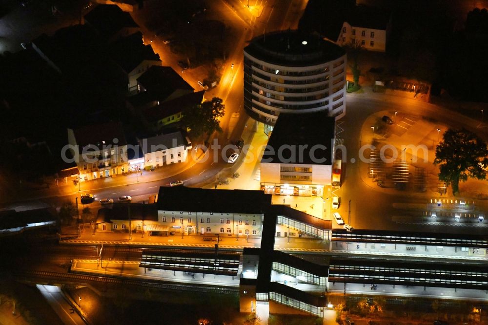 Fürstenwalde/Spree at night from above - Night lighting Station railway building of the Deutsche Bahn in Fuerstenwalde/Spree in the state Brandenburg, Germany