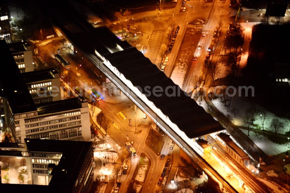 München at night from above - Night lighting station railway building of the Deutsche Bahn in the district Ramersdorf-Perlach in Munich in the state Bavaria, Germany