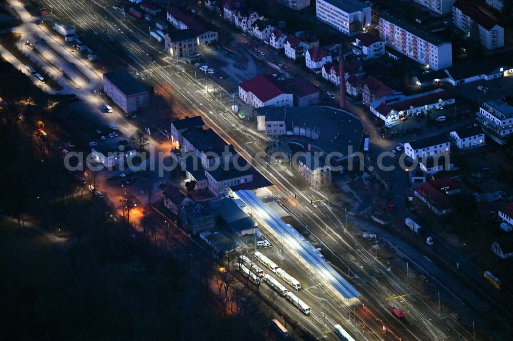 Meiningen at night from above - Night lighting train station railway building on Lindenallee in Meiningen in the state Thuringia, Germany