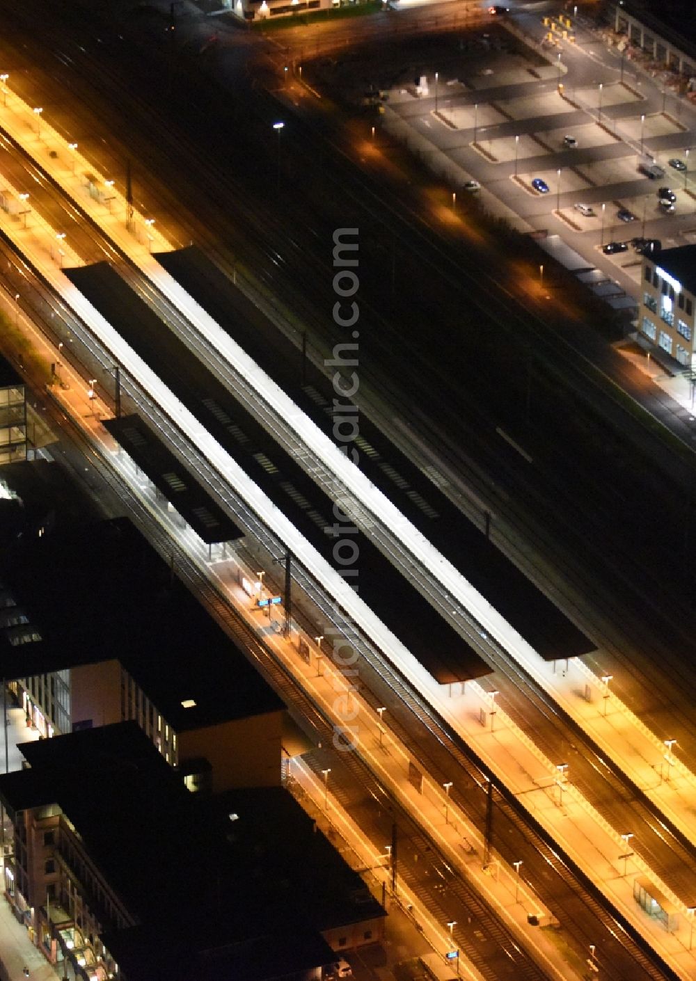 Aerial image at night Aschaffenburg - Night view Track progress and building of the main station of the railway in Aschaffenburg in the state Bavaria