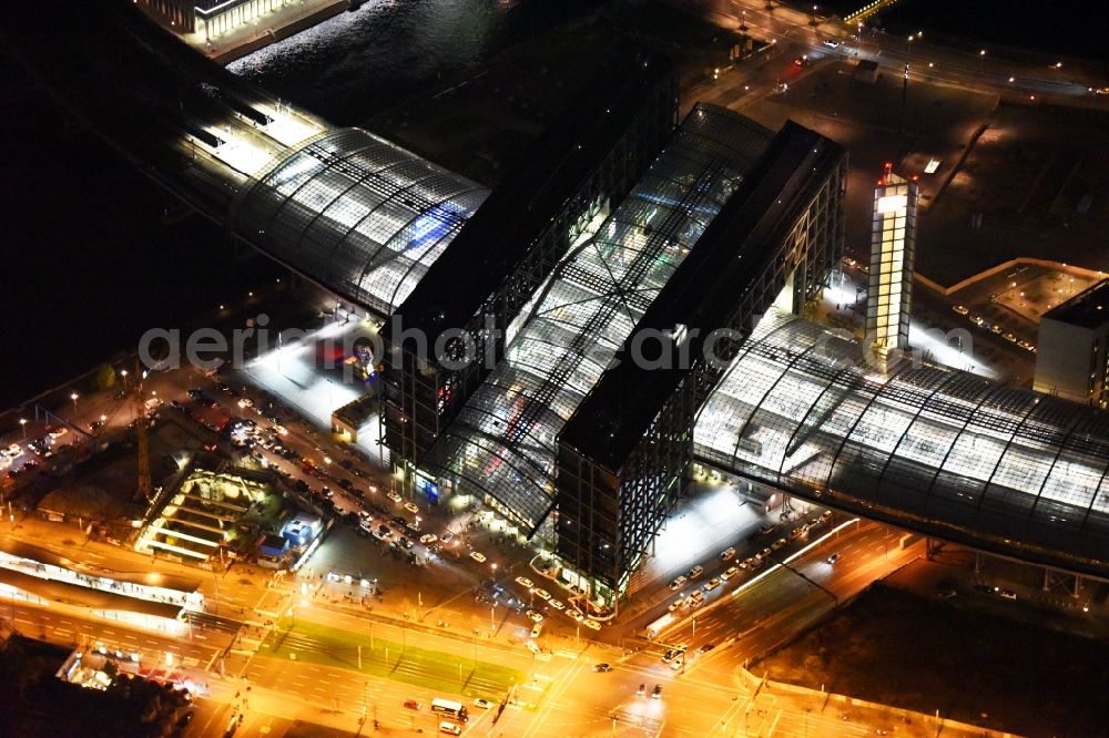 Berlin at night from above - Night view of track progress and building of the main station of the railway in Berlin in Germany