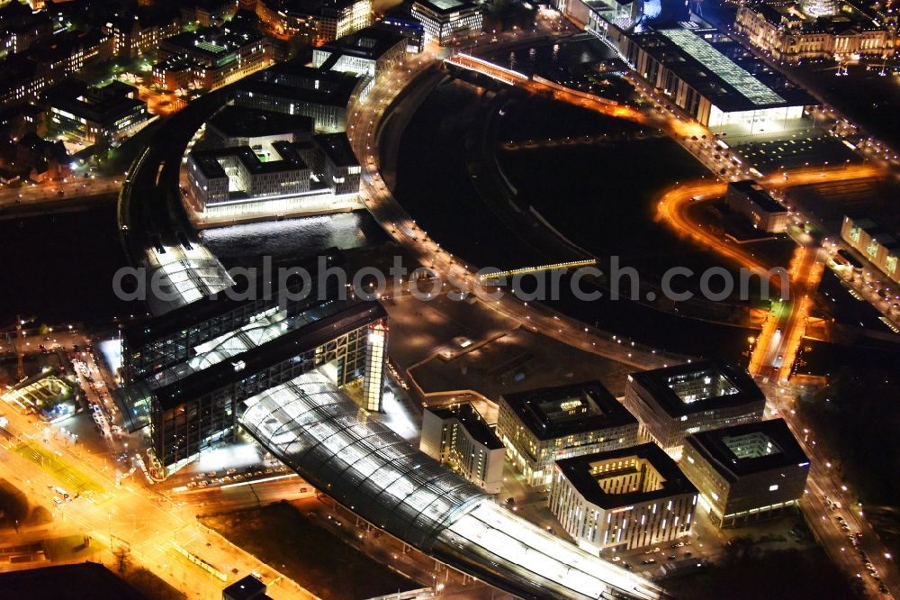 Berlin at night from above - Night view of track progress and building of the main station of the railway in Berlin in Germany