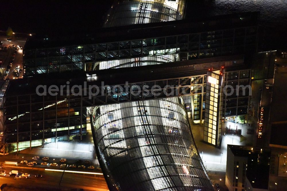 Berlin at night from above - Night view of track progress and building of the main station of the railway in Berlin in Germany