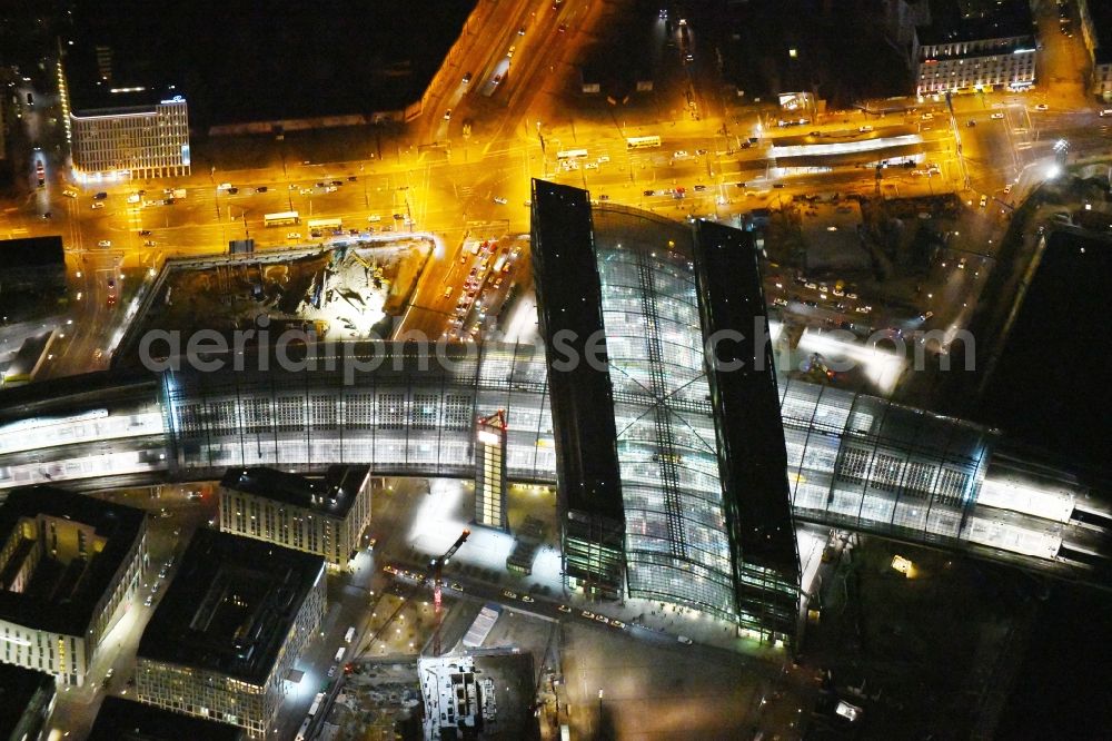 Berlin at night from above - Night lighting Track progress and building of the main station of the railway in Berlin, Germany