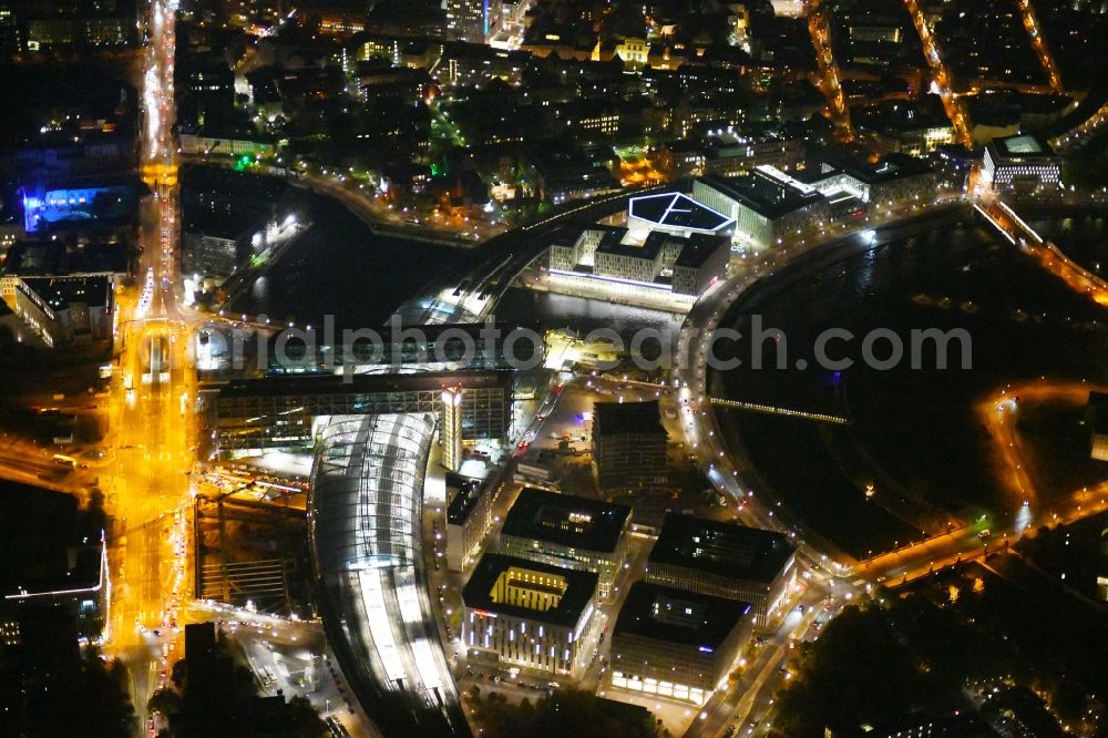 Berlin at night from above - Night lighting Track progress and building of the main station of the railway in Berlin, Germany