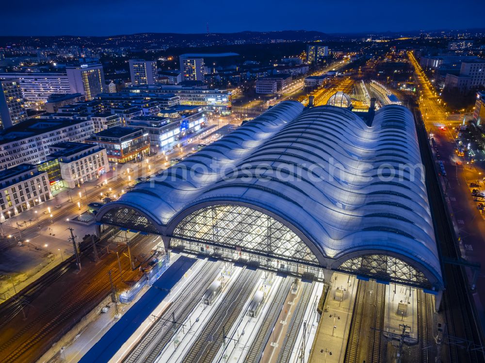 Dresden at night from above - Night lighting track progress and building of the main station of the railway in Dresden in the state Saxony, Germany