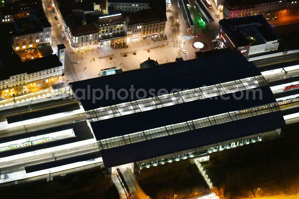 Erfurt at night from above - Night lighting track progress and building of the main station of the railway in Erfurt in the state Thuringia, Germany