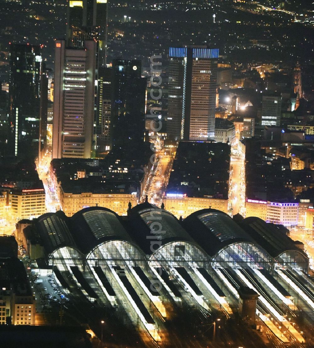 Aerial photograph at night Frankfurt am Main - Night view Track progress and building of the main station of the railway in Frankfurt in the state Hesse