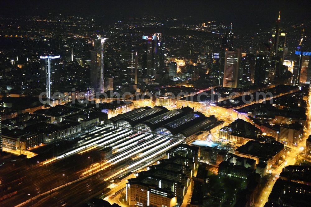 Frankfurt am Main at night from above - Night view Track progress and building of the main station of the railway in Frankfurt in the state Hesse