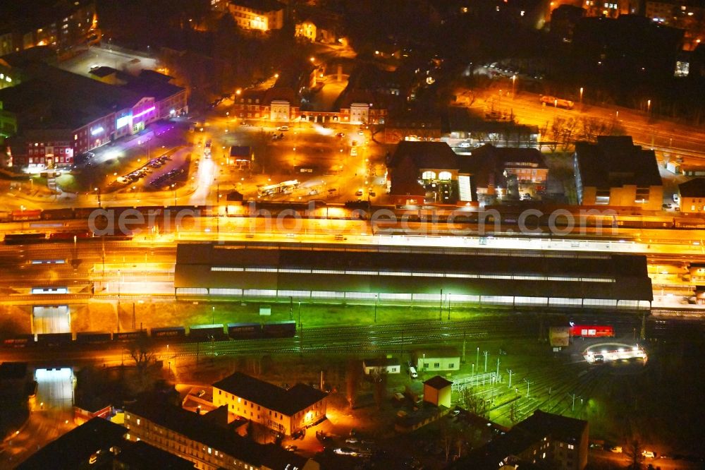 Frankfurt (Oder) at night from above - Night lighting Track progress and building of the main station of the railway in Frankfurt (Oder) in the state Brandenburg, Germany