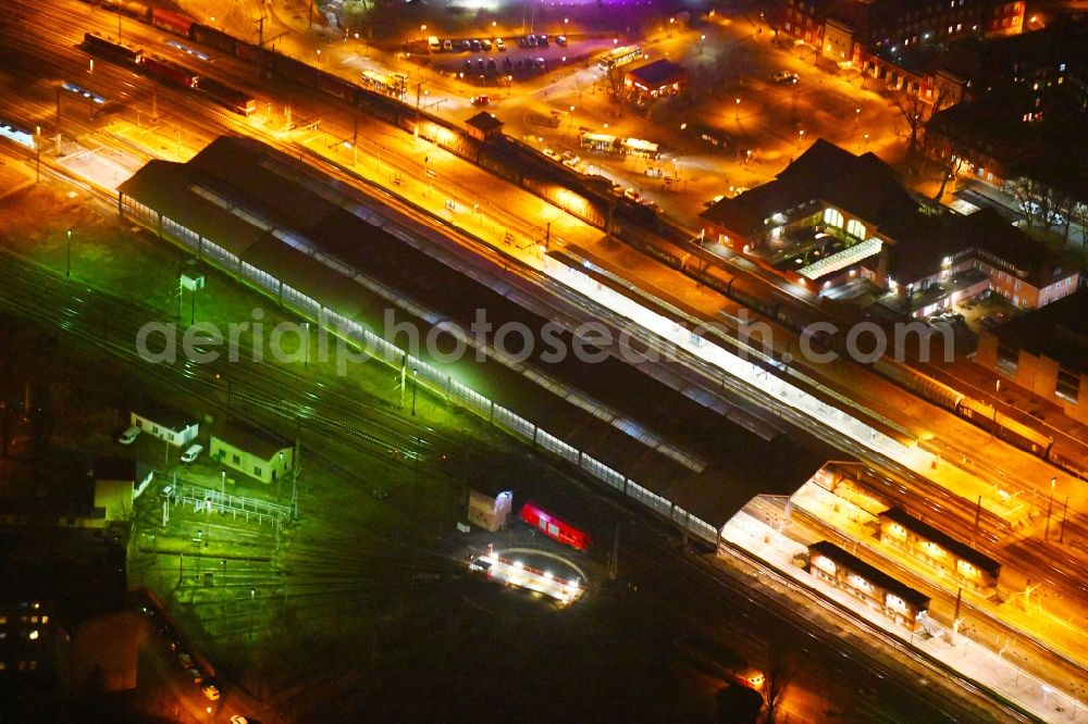 Frankfurt (Oder) at night from above - Night lighting Track progress and building of the main station of the railway in Frankfurt (Oder) in the state Brandenburg, Germany