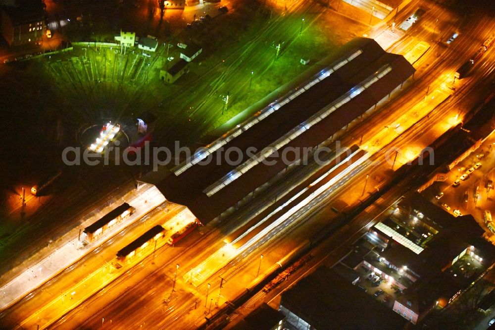 Frankfurt (Oder) at night from above - Night lighting Track progress and building of the main station of the railway in Frankfurt (Oder) in the state Brandenburg, Germany